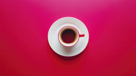 A striking visual of hot coffee served in a white cup on a vibrant red background. This image captures the essence of warmth and simplicity in daily routines.の素材
