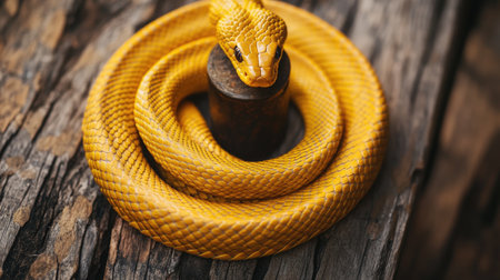 A striking close-up of a vibrant yellow snake coiled gracefully on a rustic wooden surface. This image captures the beauty and elegance of this exotic reptile in natural light.の素材