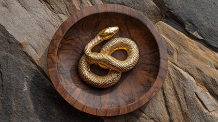 A stunning golden snake sculpture placed in a round wooden bowl, showcasing the contrast between elegance and nature, perfect for decorative purposes.の素材