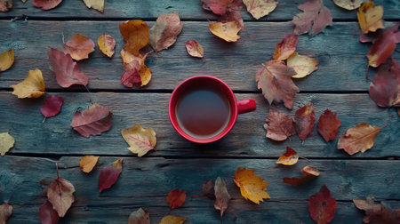 A cozy autumn scene featuring a vibrant red coffee cup resting on a rustic wooden table surrounded by colorful fall leaves, creating a warm and inviting atmosphere.の素材
