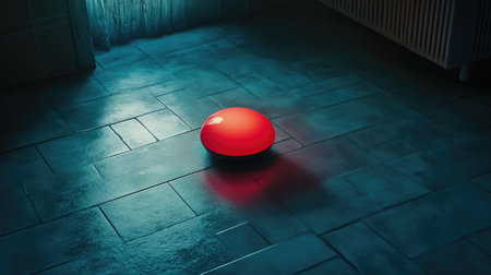A striking red light object sits alone in a dimly lit room, casting soft shadows on the tiled floor. This modern design element enhances any interior space with its sleek, unique shape, creating a cozy ambiance.の素材