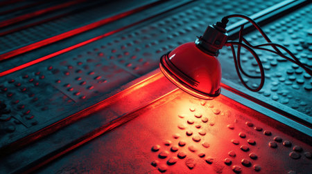 A striking red lamp casts an intense glow on a textured metal surface, creating dramatic shadows and a vivid atmosphere. Perfect for modern decor.の素材