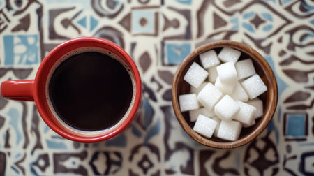 A top view image of a red coffee cup next to a bowl of sugar cubes on a patterned table. This scene captures the essence of a cozy moment and morning routine.の素材