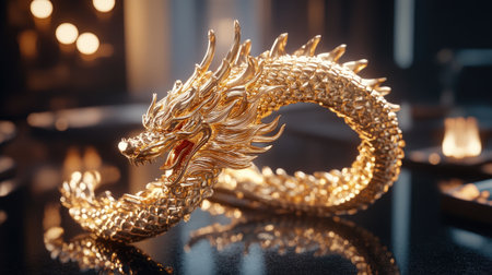 This stunning golden dragon sculpture showcases exquisite craftsmanship and lively details, perfect for enhancing any artistic space. Ideal for decor and inspiration.の素材