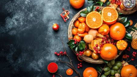 A beautiful display of fresh citrus fruits arranged artistically in a decorative basket. The vibrant oranges and textures create a lively, seasonal atmosphere. Perfect for food photography!の素材