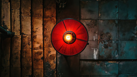 A stunning vintage red lamp casts a warm glow over a rustic textured wall. The unique design creates a cozy ambiance perfect for stylish interiors.の素材