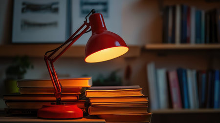 A striking red desk lamp casts a warm glow over stacked books, creating a cozy reading nook in a stylish room. Perfect for warm evenings.の素材
