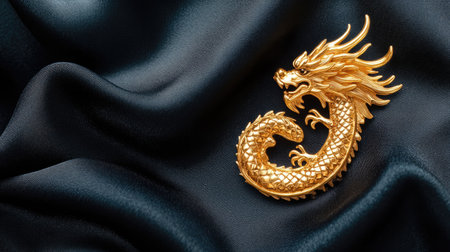 Beautiful golden dragon sculpture rests elegantly on a black silk fabric, showcasing intricate craftsmanship and rich cultural symbolism, perfect for artistic displays.の素材