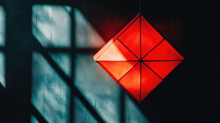 A striking red geometric light fixture hangs against a textured wall, casting dynamic shadows and creating an engaging visual contrast in the space.の素材