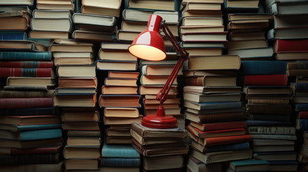 A cozy reading space featuring a red lamp illuminating a stack of books. Ideal for showcasing a creative and inviting atmosphere for literature lovers.の素材