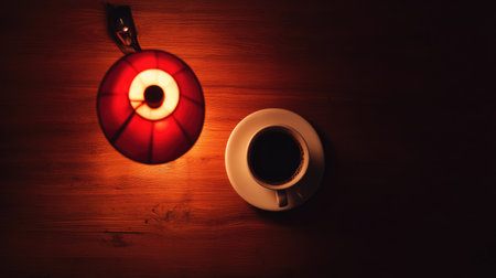 An inviting scene featuring a coffee cup on a saucer next to a glowing red lamp on a wooden table, perfect for conveying warmth and comfort.の素材