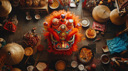 A beautifully crafted festival mask surrounded by various cultural artifacts, showcasing vibrant colors and intricate designs. Ideal for conveying tradition and celebration.の素材