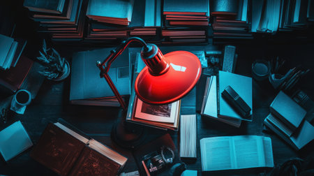 Cozy workspace featuring a warm desk lamp surrounded by books and stationery. Perfect for illustrating study, writing, and creative inspiration in a serene environment.の素材
