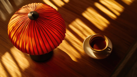 A beautifully crafted red lamp casts warm shadows over a wooden table, accompanied by a steaming cup of coffee. This scene evokes a cozy, inviting atmosphere perfect for relaxation.の素材