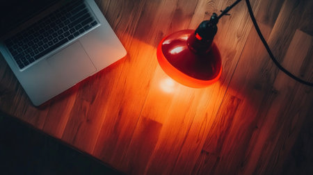 A top-down view of a cozy workspace featuring a modern laptop and a warm red lamp illuminating a wooden floor. Perfect for remote work or study inspiration.の素材