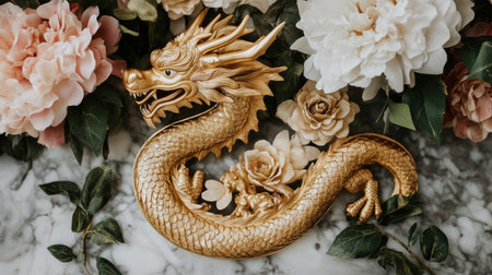 Stunning golden dragon sculpture surrounded by lush flowers on marble. Perfect for adding an artistic and vibrant touch to your interior decor.の素材
