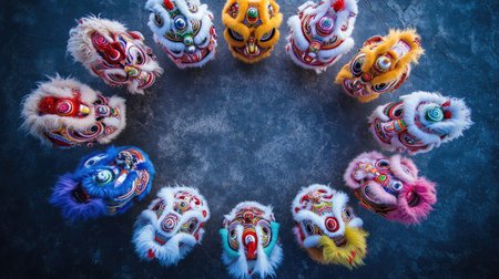 This captivating image showcases a series of colorful traditional masks arranged in a circular pattern, highlighting their intricate designs and cultural significance.の素材