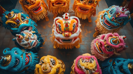 A stunning collection of vibrant lion dance costumes arranged in a circular layout, showcasing intricate details and artistic craftsmanship in a festive atmosphere.の素材