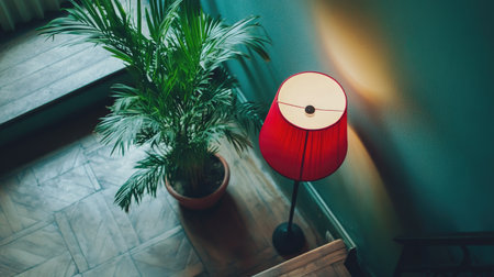 A warm and inviting image showcasing a red lamp next to a lush green plant in a cozy interior. The interplay of light and shadows creates a serene atmosphere perfect for relaxation.の素材