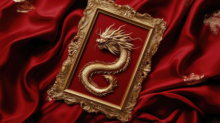 A stunning golden dragon artwork elegantly framed, displayed on vibrant red satin fabric, symbolizing strength and prosperity, ideal for decor and inspiration.の素材