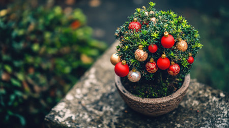 A delightful miniature Christmas tree adorned with red and gold ornaments, set in a rustic pot. This charming decoration adds a festive touch to any space, perfect for holiday cheer.の素材