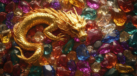 A magnificent golden dragon rests upon a dazzling array of colorful gemstones. This stunning composition highlights the interplay of light and vivid shades, evoking a sense of luxury and fantasy.の素材