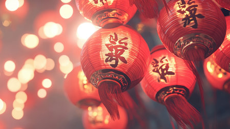 Vivid red lanterns hang brightly, showcasing intricate Chinese characters, creating a festive atmosphere filled with joy and cultural significance during celebrations.の素材