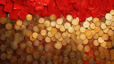A vibrant composition featuring golden coins scattered among red envelopes on a textured surface, symbolizing wealth and good fortune in celebrations.の素材