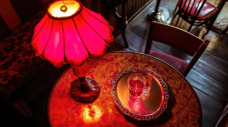 A charming vintage table setting featuring a red lamp and glassware. The warm light creates a cozy atmosphere, perfect for intimate gatherings and relaxation.の素材