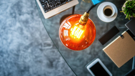 A warm vintage light bulb illuminates a stylish modern workspace featuring a laptop, coffee cup, and greenery, creating a cozy and inviting atmosphere.の素材