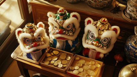 Colorful lion dance masks adorned with jewels, showcasing vibrant artistry. Surrounding them are golden coins, adding a festive touch to traditional decor.の素材