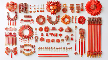 This striking arrangement features various red decorative elements representing traditional Chinese culture, perfect for festive celebrations and artistic displays.の素材