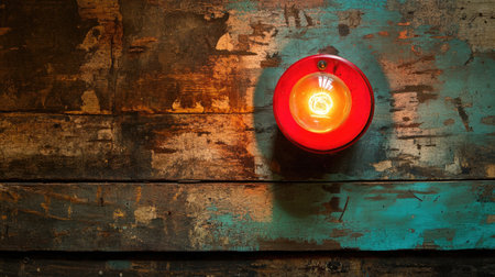 A close-up view of a vintage red warning light mounted on a weathered wooden surface. The glowing bulb creates a striking contrast against the rustic backdrop, evoking themes of safety and nostalgia.の素材