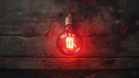 A stunning vintage red bulb hangs from a rustic wooden surface, creating a warm and inviting atmosphere. Perfect for creative projects or decor inspiration.の素材