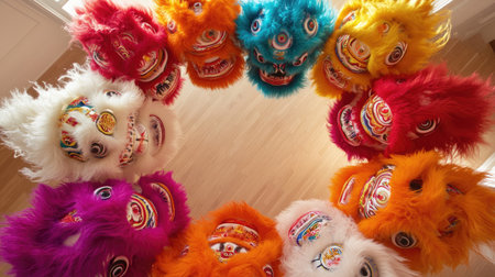 Vibrant and colorful lion dance masks arranged in a striking circular pattern. These decorative masks represent tradition and culture, perfect for celebrations.の素材