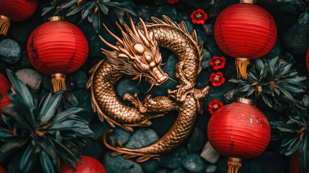 A stunning golden dragon sculpture elegantly positioned among vibrant red lanterns and lush green plants. This artwork captures the essence of Asian culture and festivity.の素材