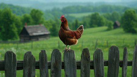 A stunning brown chicken perches gracefully on a rustic wooden fence, surrounded by a lush green landscape. Ideal for nature and farming themes.の素材