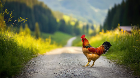 A vibrant rooster confidently walks down a gravel pathway, set against a backdrop of lush green hills. The scene captures the tranquility of rural life.の素材