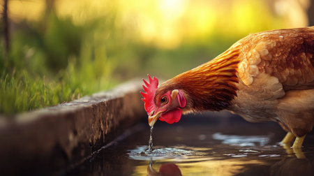 A vibrant and close view of a chicken drinking from a water source, capturing the essence of rural life. The sunlight enhances the scene's natural beauty.の素材
