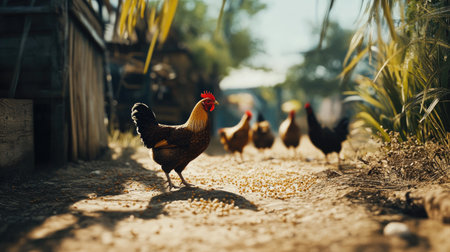 A vibrant rooster walks confidently along a dirt path in a serene farm setting, surrounded by chickens, showcasing rural tranquility and natural beauty.の素材