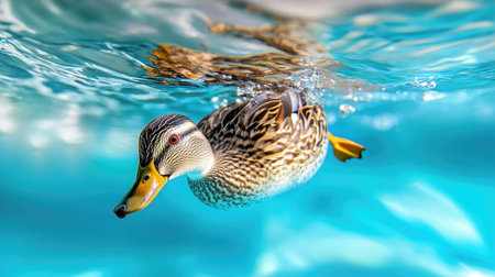 A stunning close-up image of a duck gracefully swimming in clear turquoise water. The vibrant feathers and serene environment create a peaceful wildlife scene.の素材