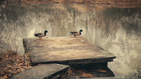 Two ducks stand on a weathered wooden dock beside a calm pond, surrounded by autumn scenery. The peaceful ambiance invites viewers to connect with nature.の素材