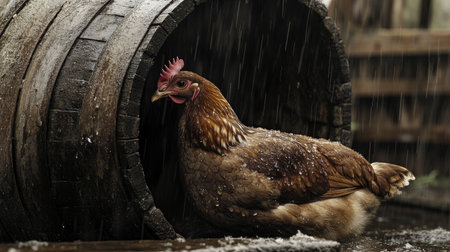 A chicken is seen standing under a wooden barrel as rain pours down. The rustic scene captures the unique charm of farm life in a rainy environment, showcasing the beauty of nature.の素材