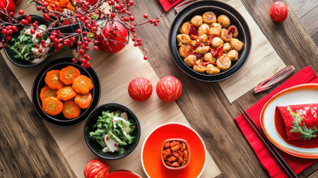 A beautifully arranged holiday table showcasing colorful dishes and fresh ingredients. Ideal for celebrations, gatherings, and festive occasions, emphasizing joy and hospitality.の素材