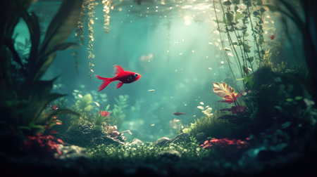A vibrant red fish glides gracefully through an underwater landscape filled with various aquatic plants and shimmering light, creating a serene atmosphere.の素材