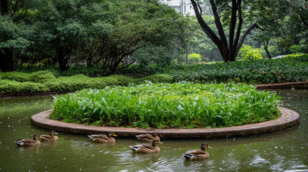 A serene garden pond showcases ducks swimming gracefully amidst lush greenery, embodying tranquility in nature. Ideal for nature enthusiasts and outdoor lovers.の素材