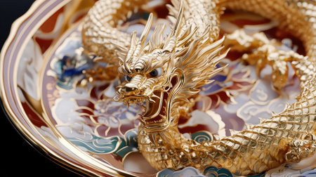 A stunning golden dragon sculpture displayed on an ornate plate, showcasing intricate craftsmanship and artistic detail, perfect for cultural representation and decorative purposes.の素材