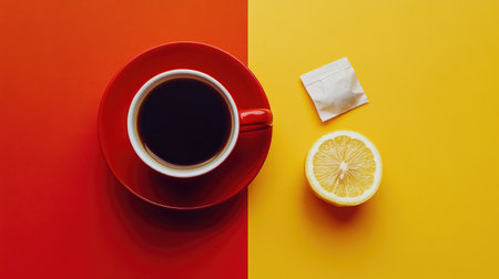 A vibrant flat lay of hot coffee in a red cup beside a lemon slice and sugar packet, showcasing a lively color contrast perfect for breakfast themes.の素材
