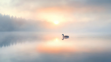 A tranquil scene featuring a duck gliding smoothly across a calm lake at dawn. Mist envelops the landscape, enhancing the serene atmosphere as sunlight breaks through the fog.の素材