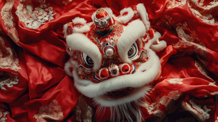 Captivating traditional Chinese lion dance mask rests on red silk fabric, showcasing intricate details and vibrant colors, symbolizing joy and celebration.の素材